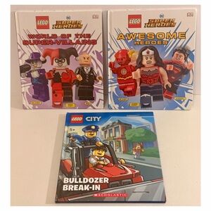 LEGO DC Super Heroes Books Lot + LEGO City Bulldozer Break-In Bundle Kids HC Set